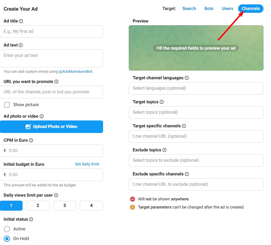 Настройка рекламы в каналах Telegram 