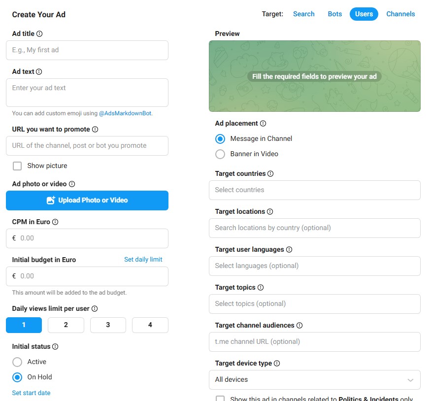 Настройка Telegram рекламы под пользователей